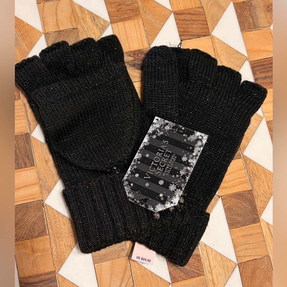 Victoria's Secret Fingerless Convert. Gloves-Winter Angel Collection-Black NWT